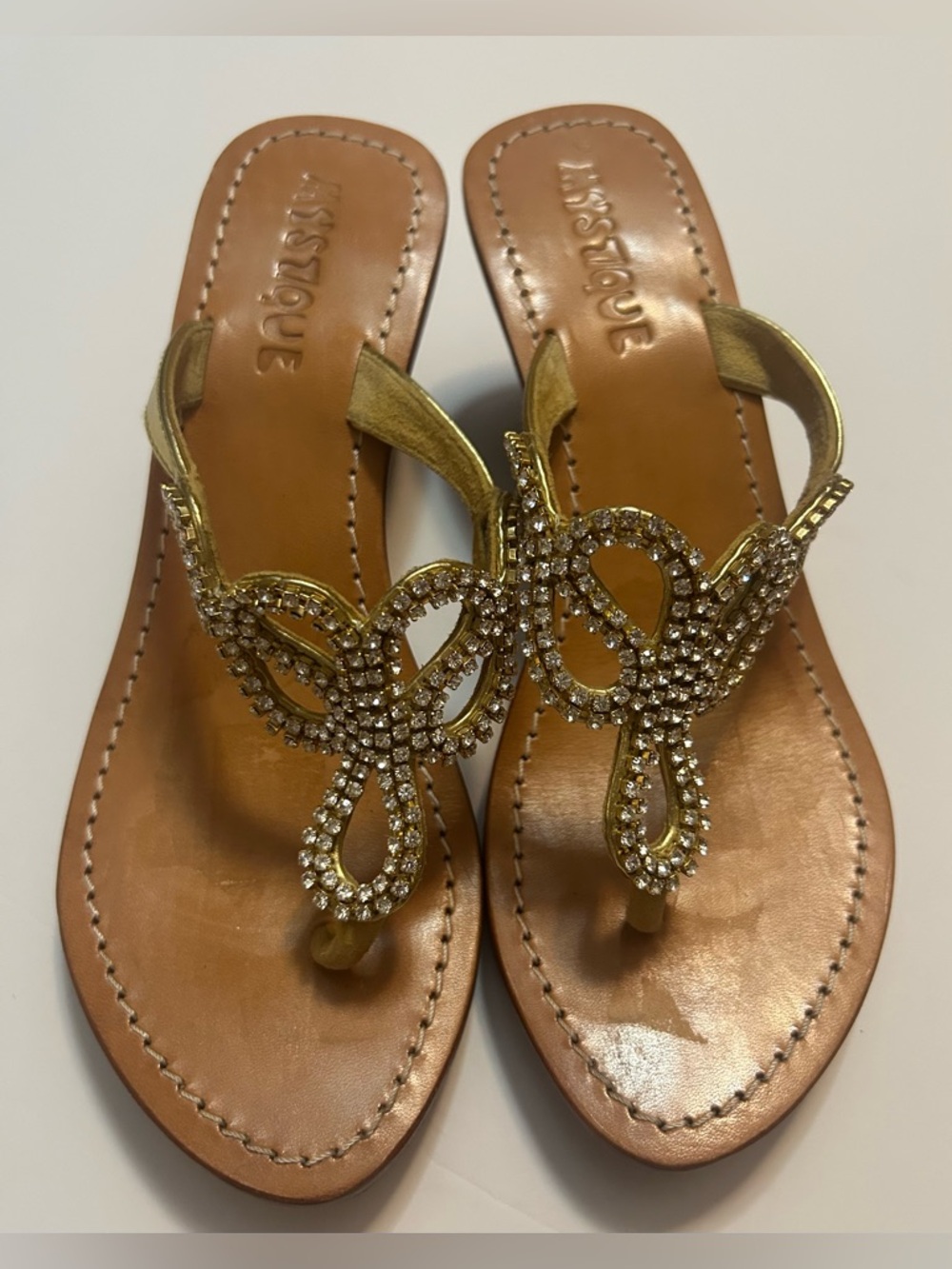 Mystique Boutique Gold wedge Rhinestone Loop Toe-Post Sandals